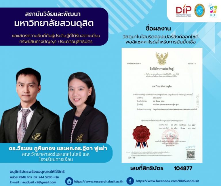 ผลงาน วัสดุนาโนไฮบริดคอปเปอร์ซิงค์ออกไซด์พอลิแซคคาไรด์สำหรับการยับยั้งเชื้อ ได้รับทะเบียนคุ้มครองทรัพย์สินทางปัญญา